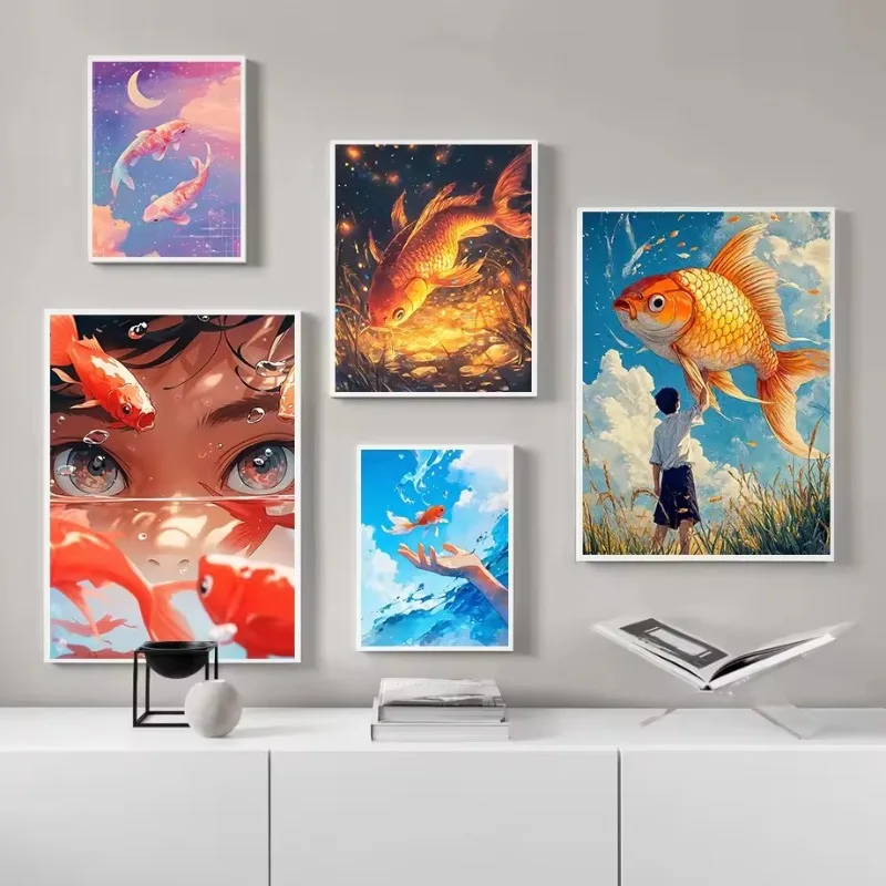 1PC frameless decorative art print,Classic Surreal Golden Koi Fish Posters Fishes Swimming Anime Art Prints Canvas Painting Wall