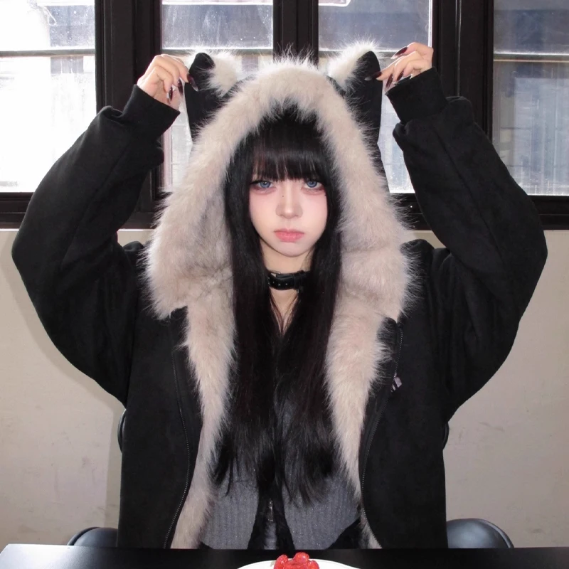 겨울 신상 우아한 라이너 퍼 루즈 코트 여성 Y2K 퍼 칼라 후드 두꺼운 패션 파카 캐주얼 아우터웨어 면 패딩 재킷