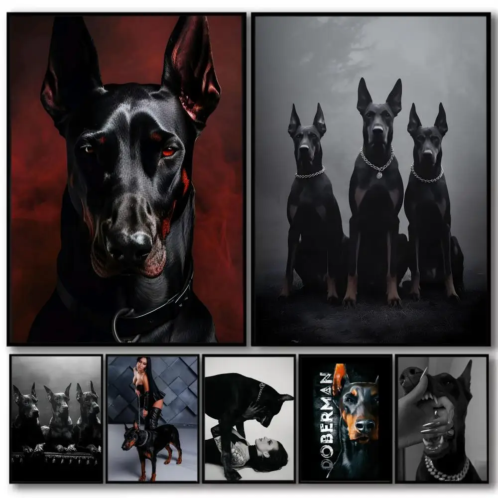 

Black Doberman Dog and Women Painting Calligraphy High-Quality Cotton Canvas Poster Wall Art for Living Room Modern House Decor