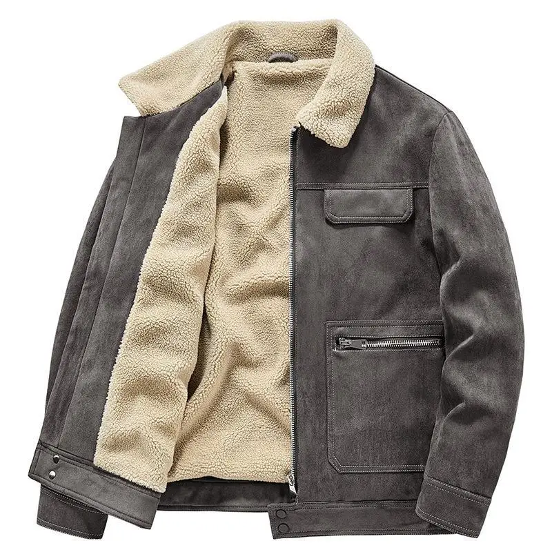 New Winter Men Suede Casual Cargo Jackets Male Fashion Fleece Warm Parkas Down Jackets Quality Man Slim Tooling Coats Size 4XL