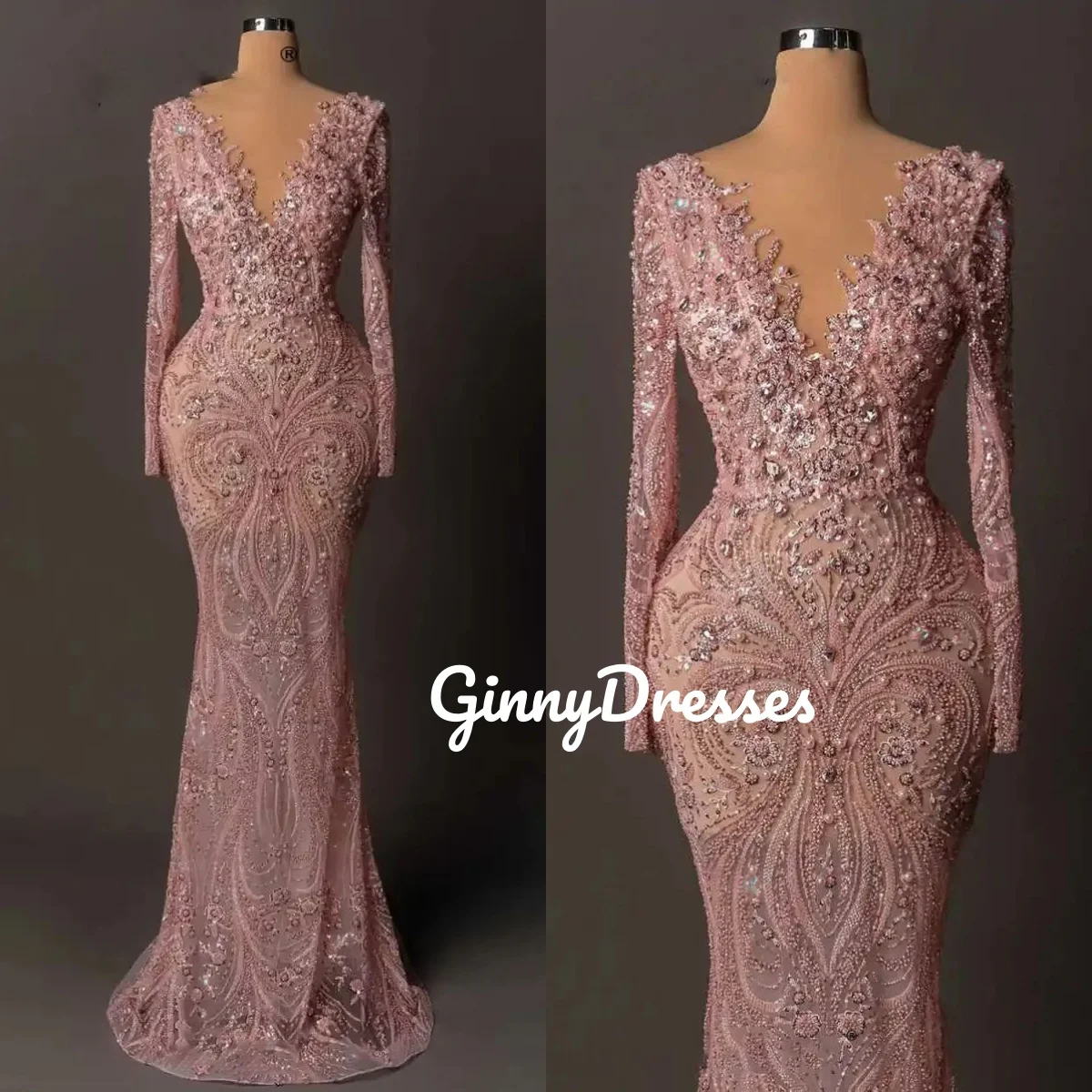 

Dubai Customize Luxury Evening Dresses Mermaid V-Neck Floor-Length Wedding Party Dress Lace Long Sleeves Dresses For Special Eve