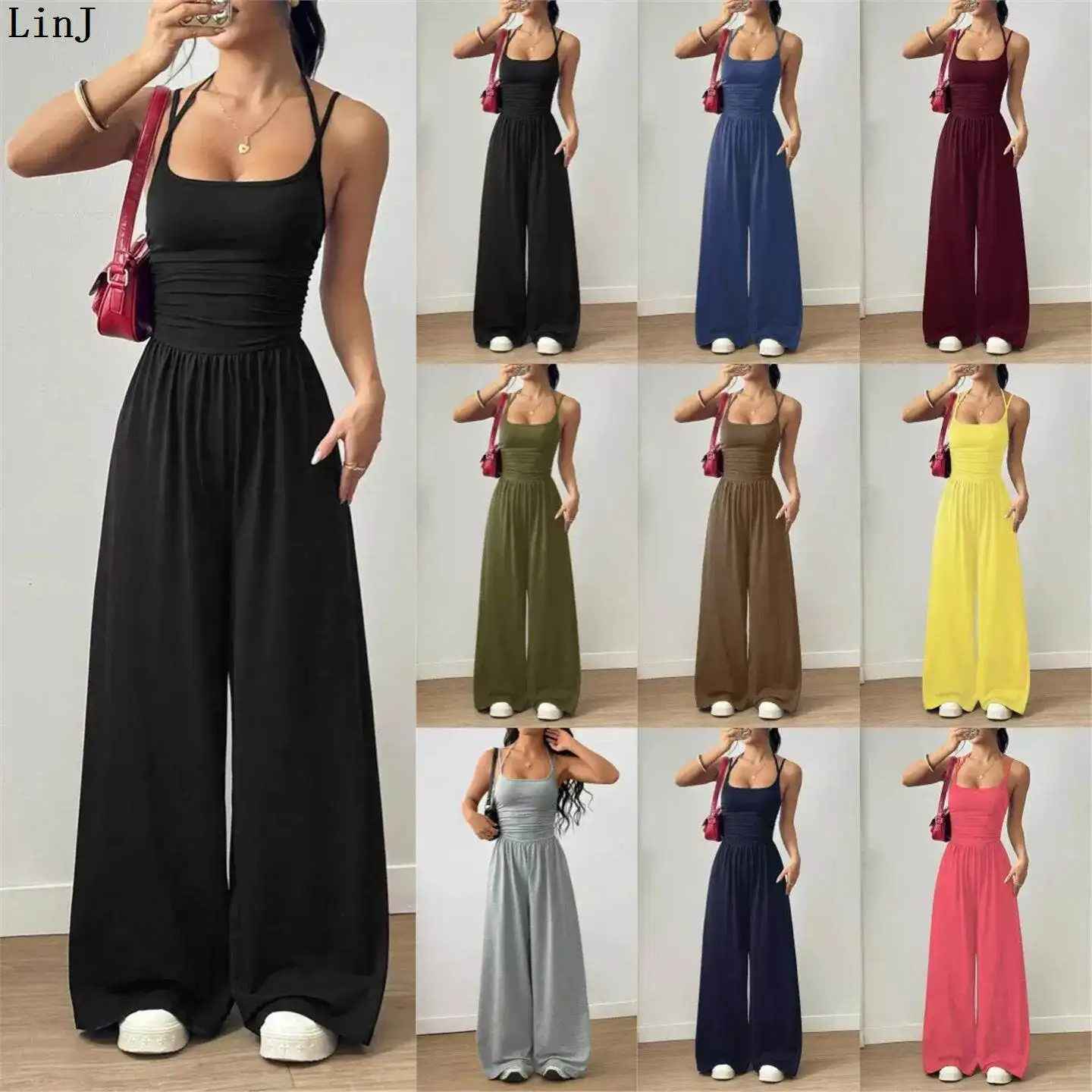 

Spicy Girl Summer New Style Strap Women's Casual Wrap Chest Overall Pants Wide Leg Loose Fashion Set Three Pieces European Style