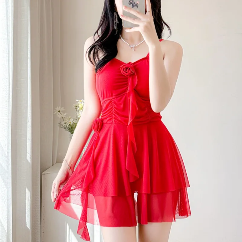 One Piece Swimsuit Bathing Swimming Suit for Women New Korean Version Swimsuit Red Sexy Slim Fit Charming Backpack Bikini