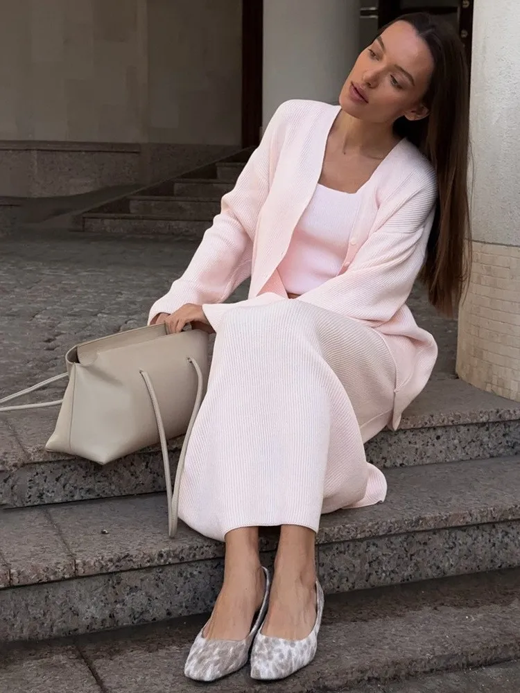 High Waist Long Skirt Three Piece Set Women's Casual Straight Leg Pants High Waist PVC Knitted Skirt Set Mid-Aged Suitable