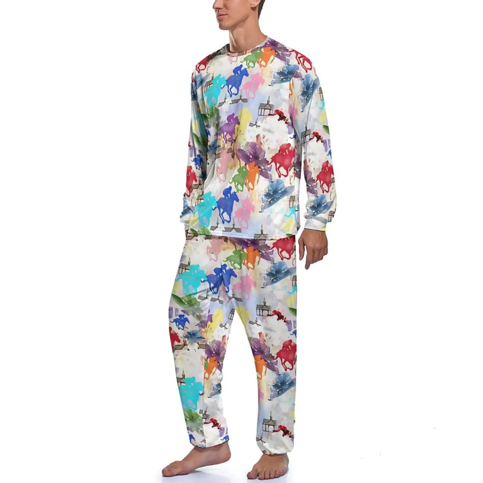 Off to The Horse Races Pajamas Long Sleeves Colorful Animal 2 Pieces Casual Pajamas Set Spring Men Graphic Cool Sleepwear