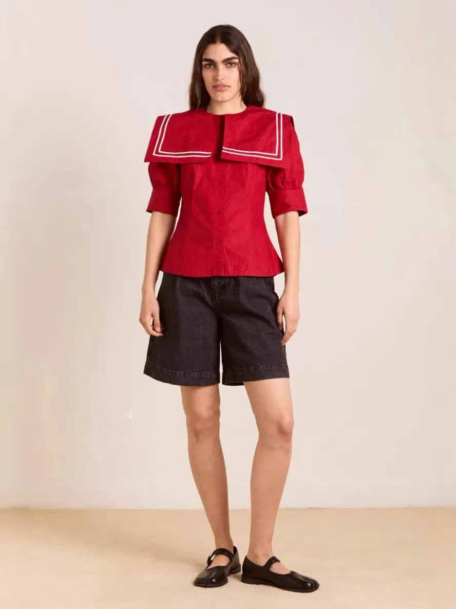 

Withered Sailor Collar Contrasting Bubble Sleeves, Waist Cinched Short Sleeved Shirt, Summer Top Blouses Women's Clothes