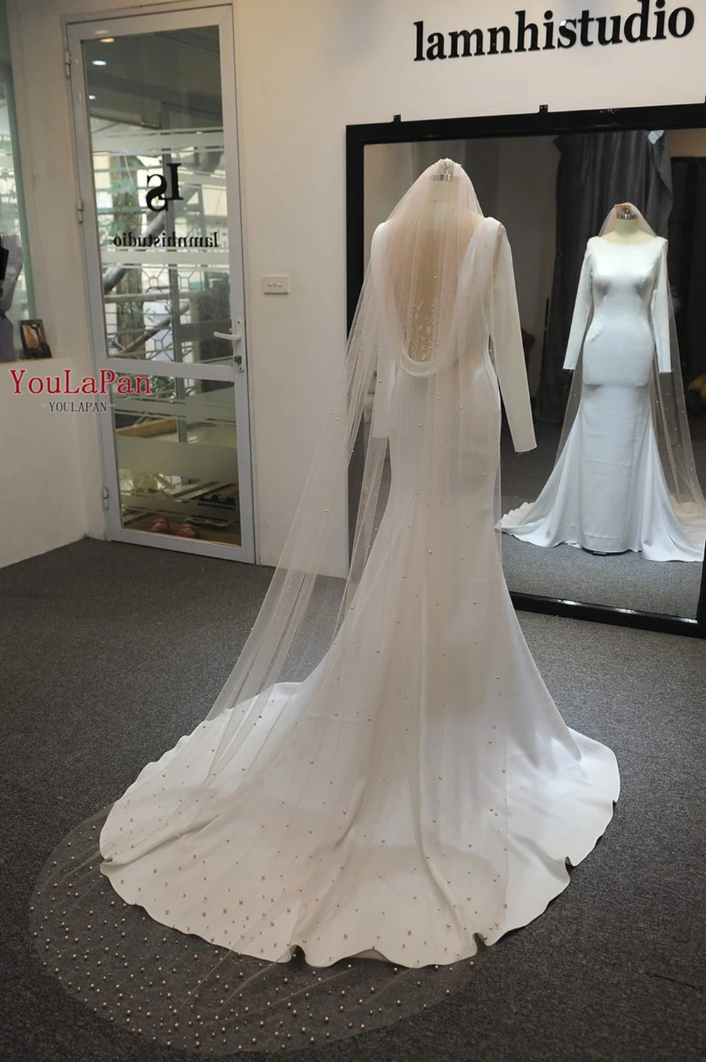 YouLaPan V11 Wedding Veil with Champagne Pearls 300CM Long Cathedral Bride Veil Soft 1 Tiers Circle Cut Edge Wedding Dresses