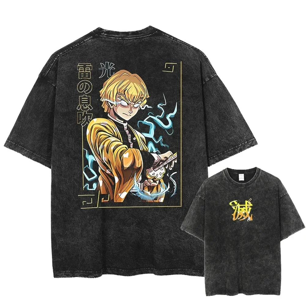 

Demon Slayer Japanese Anime Printed Washed T-shirt Men and Women Retro Trend Street Style Fashion Summer Y2K Short Sleeve Tops
