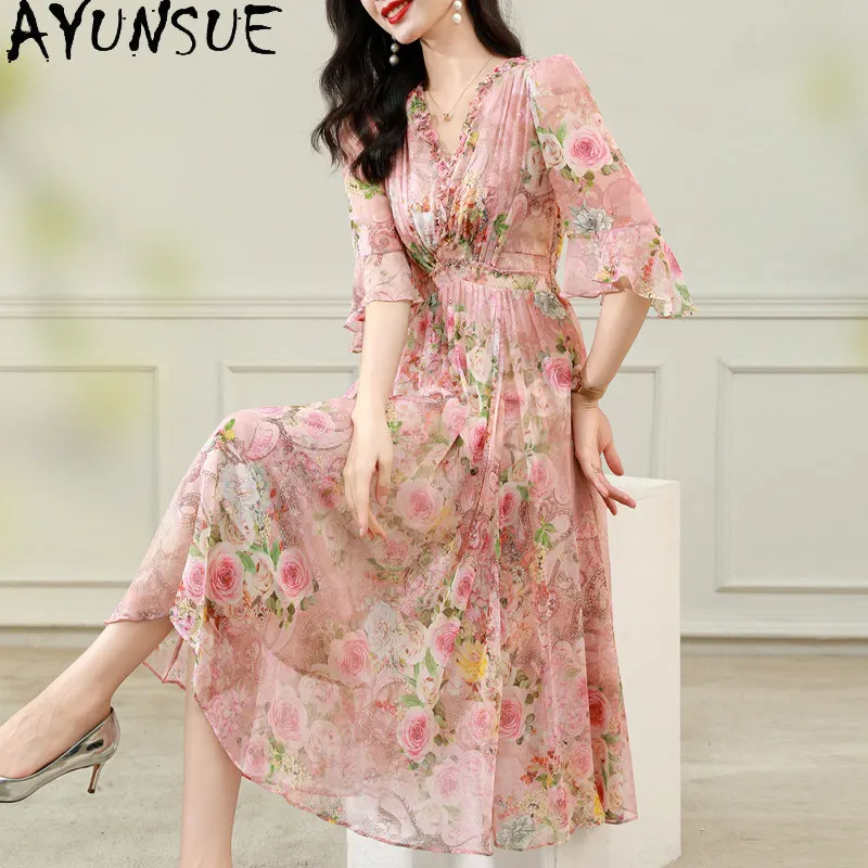 AYUNSUE 100% Real Mulberry Silk Party Dress Woman Fashion Summer Dress High-end Elegant Dresses for Women Print Vestidos Mujer