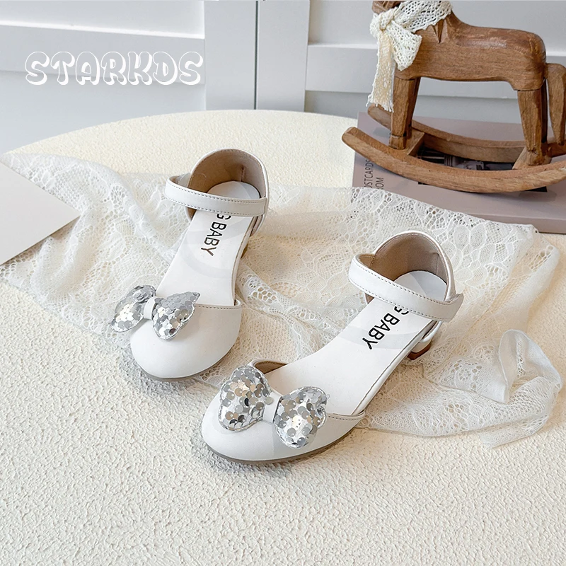 بلينغ الترتر حذاء الرقص طفل فتاة أنيقة جولة تو Bowknot تصميم كعب أحذية الطفل الأبيض الوردي فستان الحفلات الأميرة Zapato #4