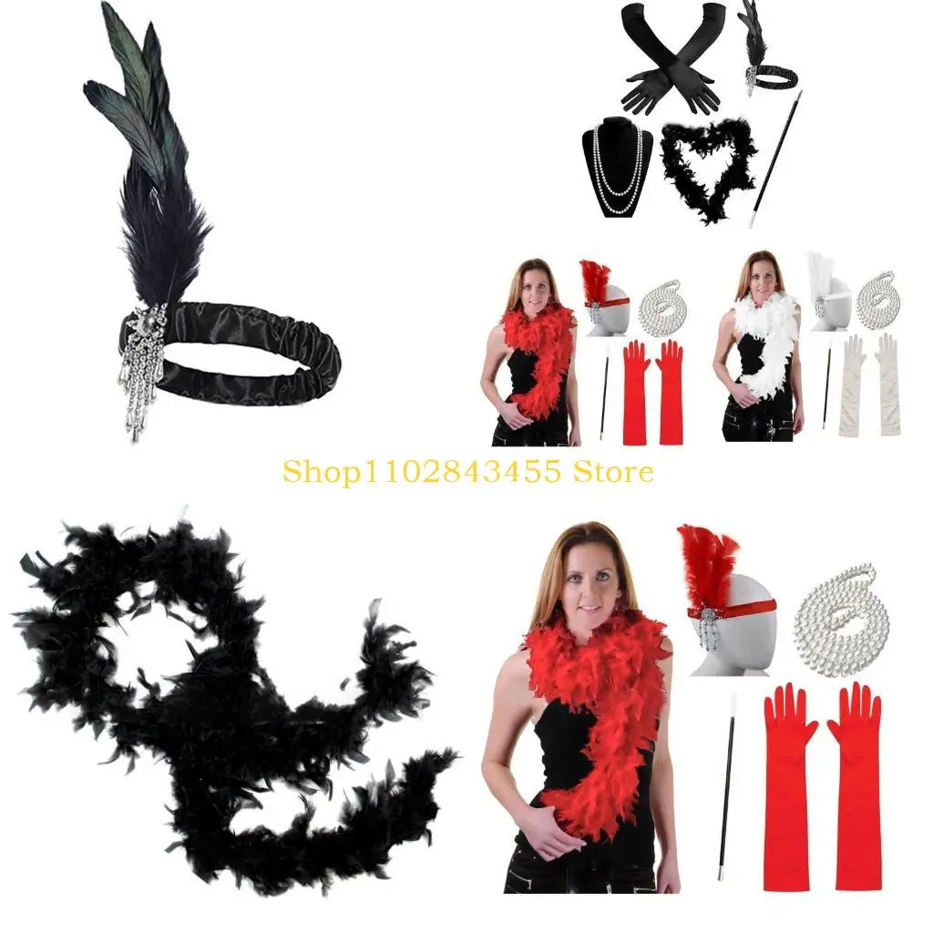 

49MC 20s Flapper Women Costume Gatsby Party Headband Necklace Cigarette-Holder 1920s Vintage Cos-play Party Costume Accessory