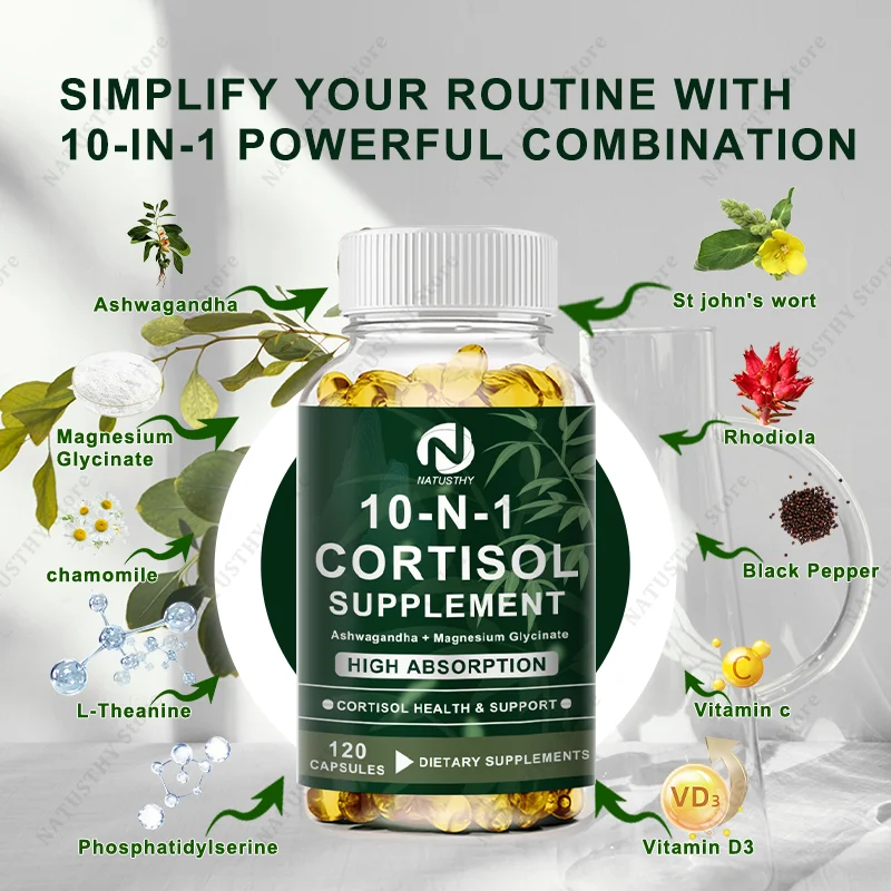 NATUSTHY Cortisol Health – Stress Relief, Balanced Cortisol Response, Relaxation & Deep Sleep – Ashwagandha, L-Theanine