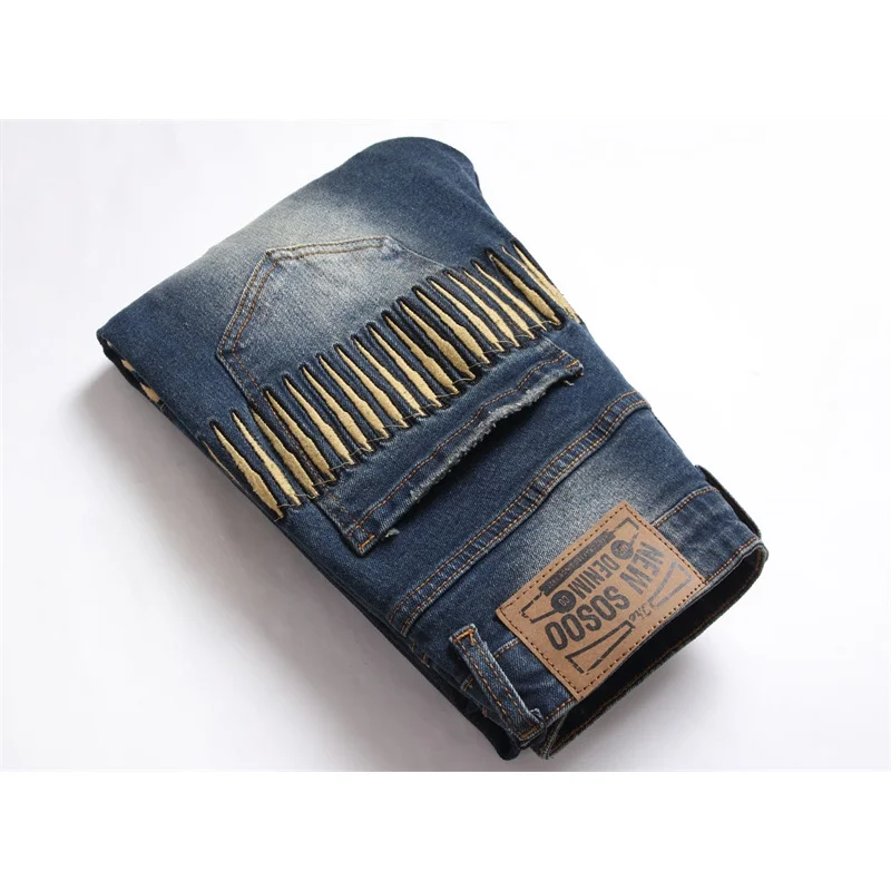 Nostalgic Ripped Jeans Men's Unique Embroidery Design Fashion Street Fashion Elastic Slim Fit Skinny Motorcycle Retro Trousers