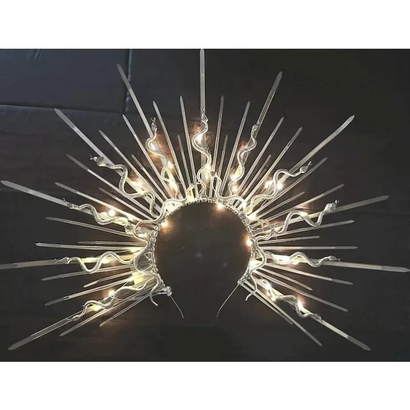 

Golden Halo Crown Headpiece for Women - Sunburst Goddess Tiara, Festival Rave Headwear, Boho Wedding Hair Accessories