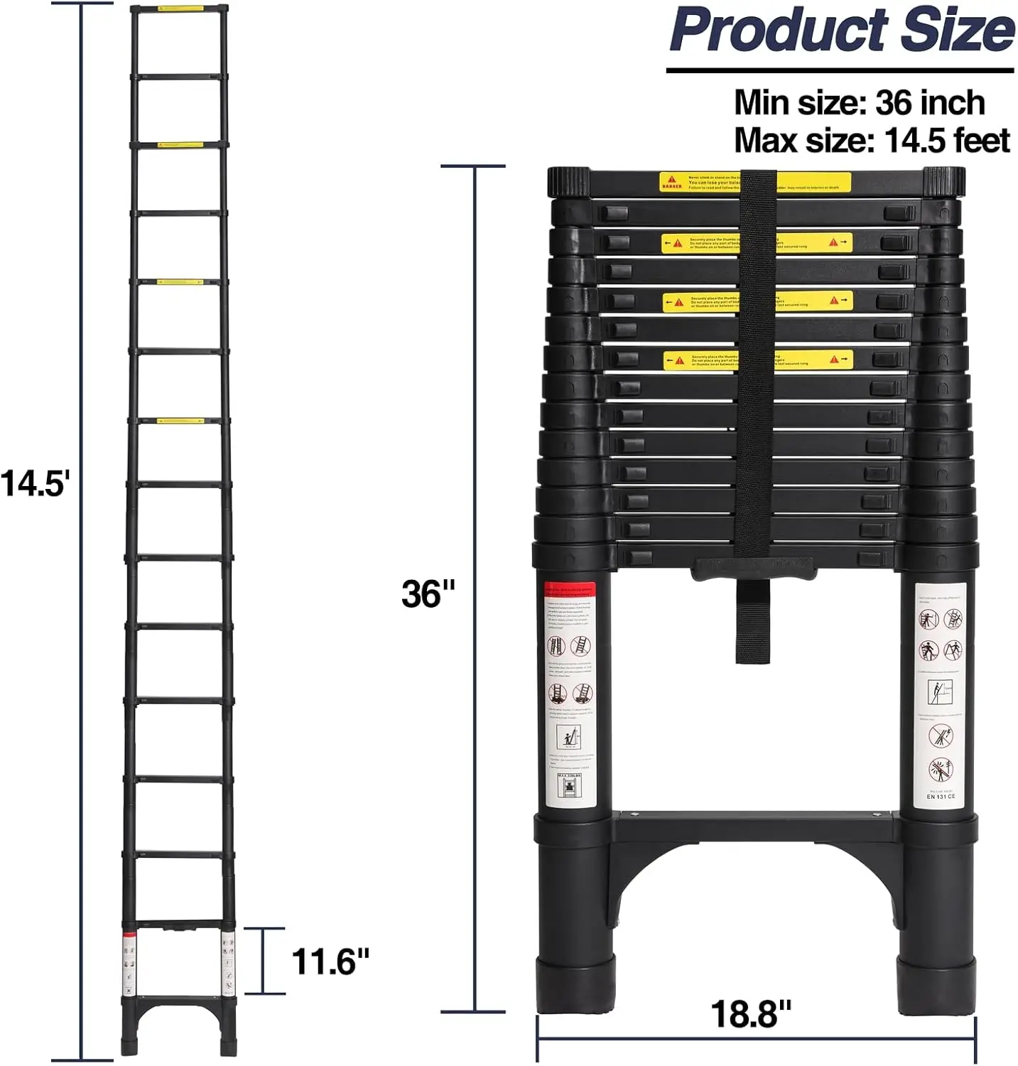 14.5 FT Aluminum Telescoping Ladder, Lightweight Multi-Purpose Collapsible Extension with 2 Triangle Stabilizers, Heavy Duty 330 lbs Max Capacity, Ideal for Home, RV, and Outdoor Work Black view 5