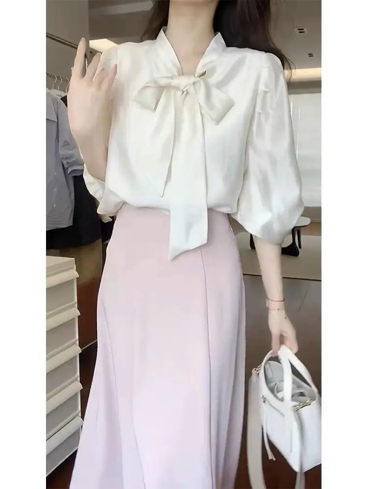 Elegant Korean Light Ripening Tops+High Waist Solid Long Skirt Sets Workplace Commute Women Outfits Spring Temperament Slim Set