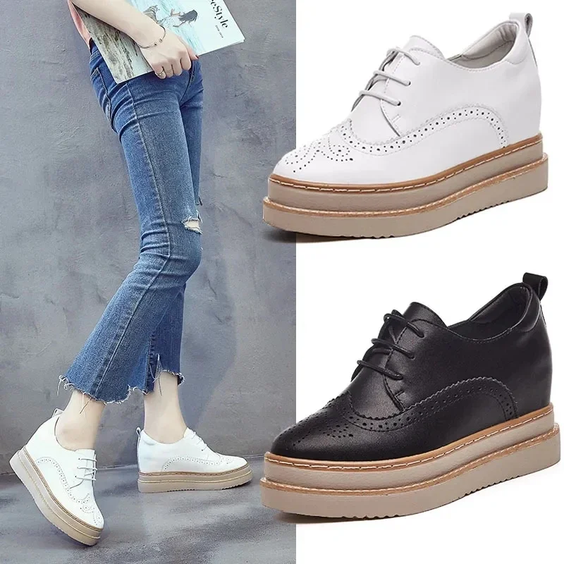 Spring Women Shoes Loafers Leisure Women Genuine Leather Shoes Moccasins Lace Up Retro Round Toe Loafers Black Flats