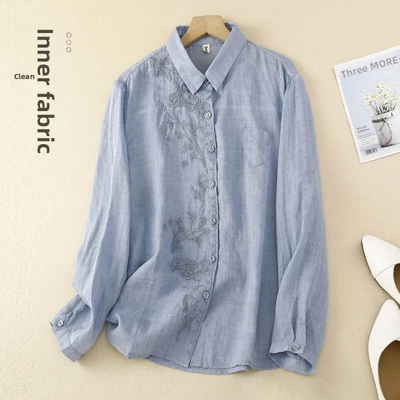 

Retro Embroidered Flax irt Women Loose Versatile Commute Artistic Top Trendy Pure Color Collar Long Sve Casual Fit