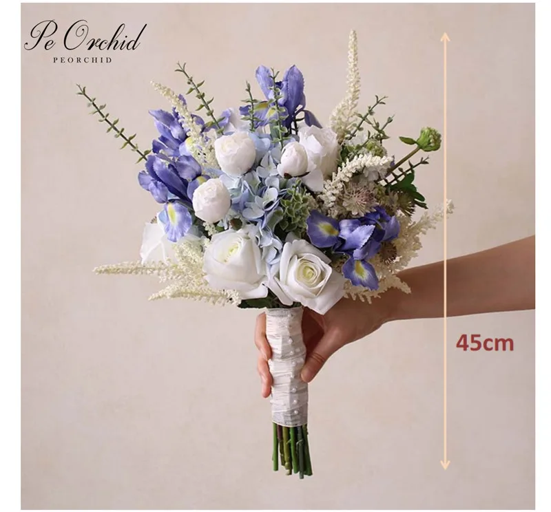 PEORCHID Beach Blue Flower 신부 부케 Da Sposa 인공 장미 수국 화이트 웨딩 부케 신부용, 라모스 드 노비