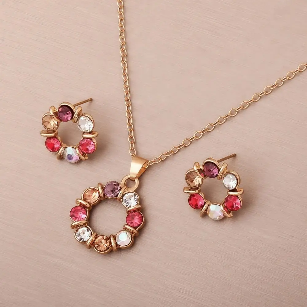 3pcs Gold Color Necklace Earrings Set Simple Style Glass Diamond Earring Jewelry Sets Circle Shape Design Exquisite Stained