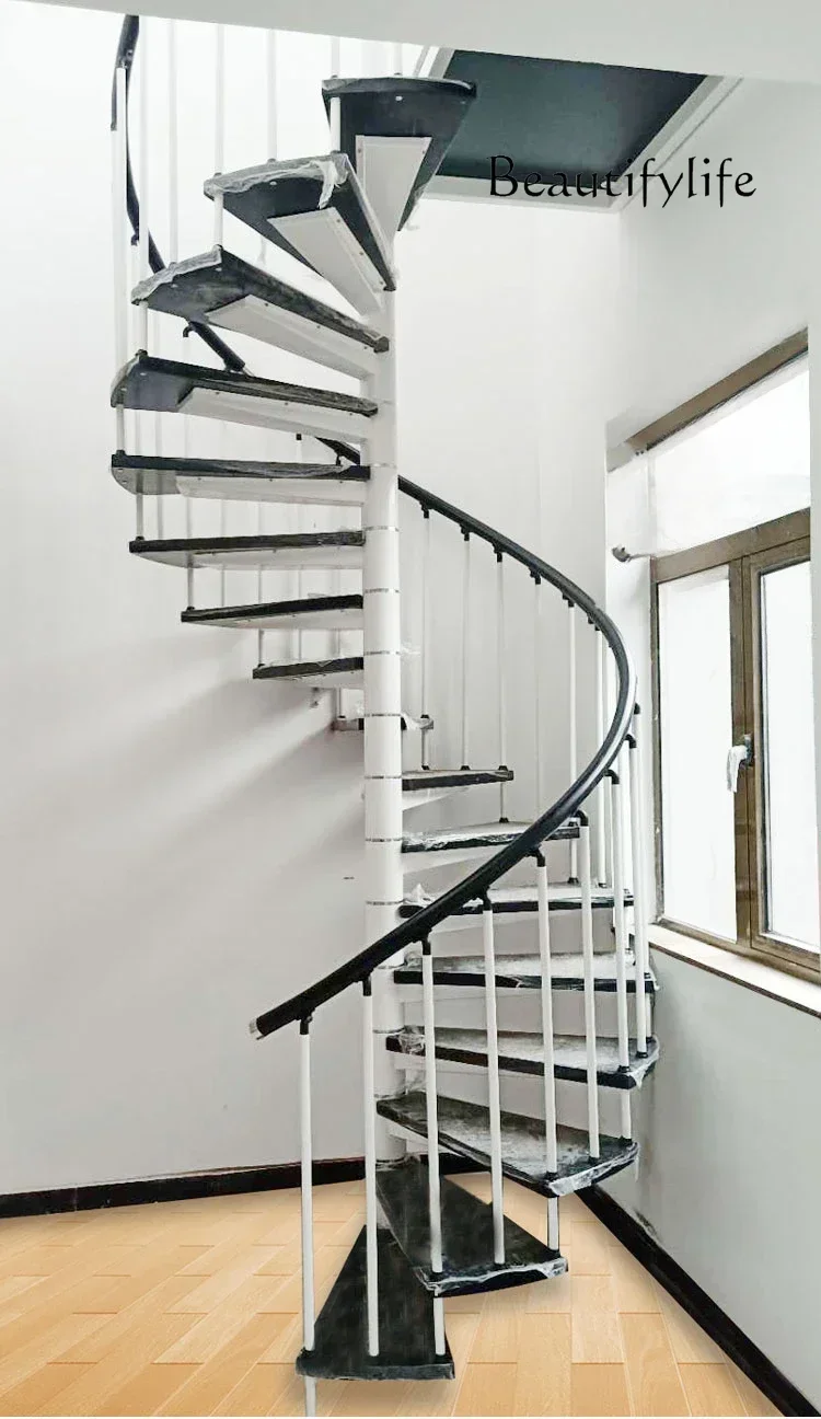 Rotating Staircase Loft Duplex Floor Indoor Round Steel Wood Duplex Double Beam Glass Handrail Guardrail