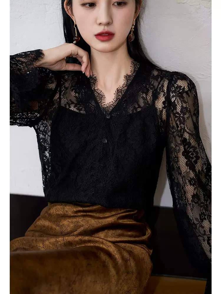 BirdTree, Sling 100%Mulberry Silk Elegant Shirt, Women Long Sleeve V Neck Lace, French Retro Blouses, 2024 Summer Fall  T48408QC