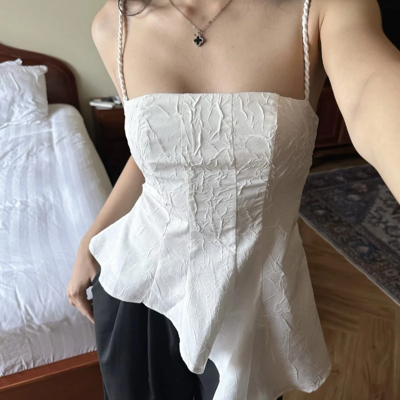 

2026 Hot Summer Fried Dough Twists Slim Shoulder Strap Design Pleated Solid Irregular Hem Strap