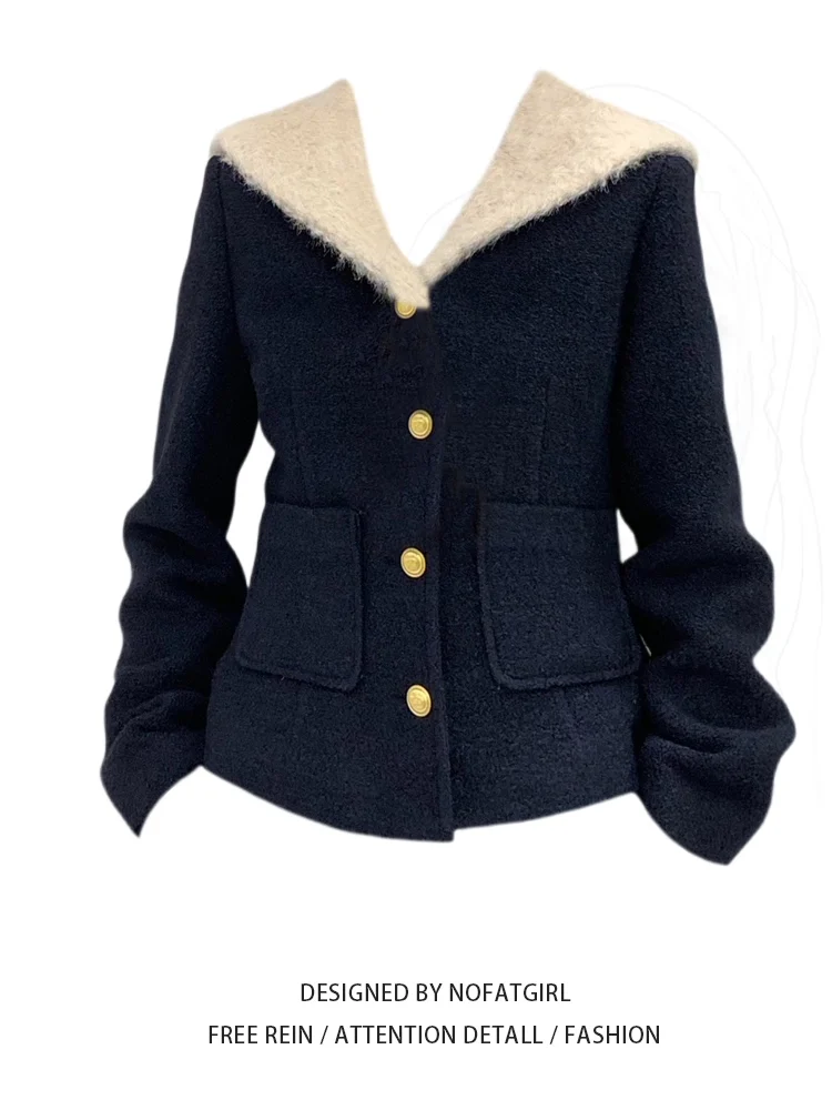 

Женское модное шерстяное пальто больших размеров с отложным воротником и цветовыми блоками, теплое, с темно-синим воротником, весенняя новинка в корейском стиле