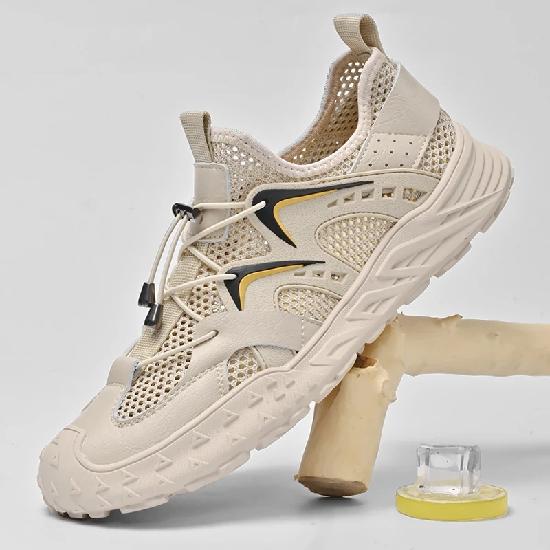 

Мужские дышащие сандалии для горного туризма и походов, изготовленные из натуральной кожи и дополненные сетчатой тканью, с защитной подошвой.