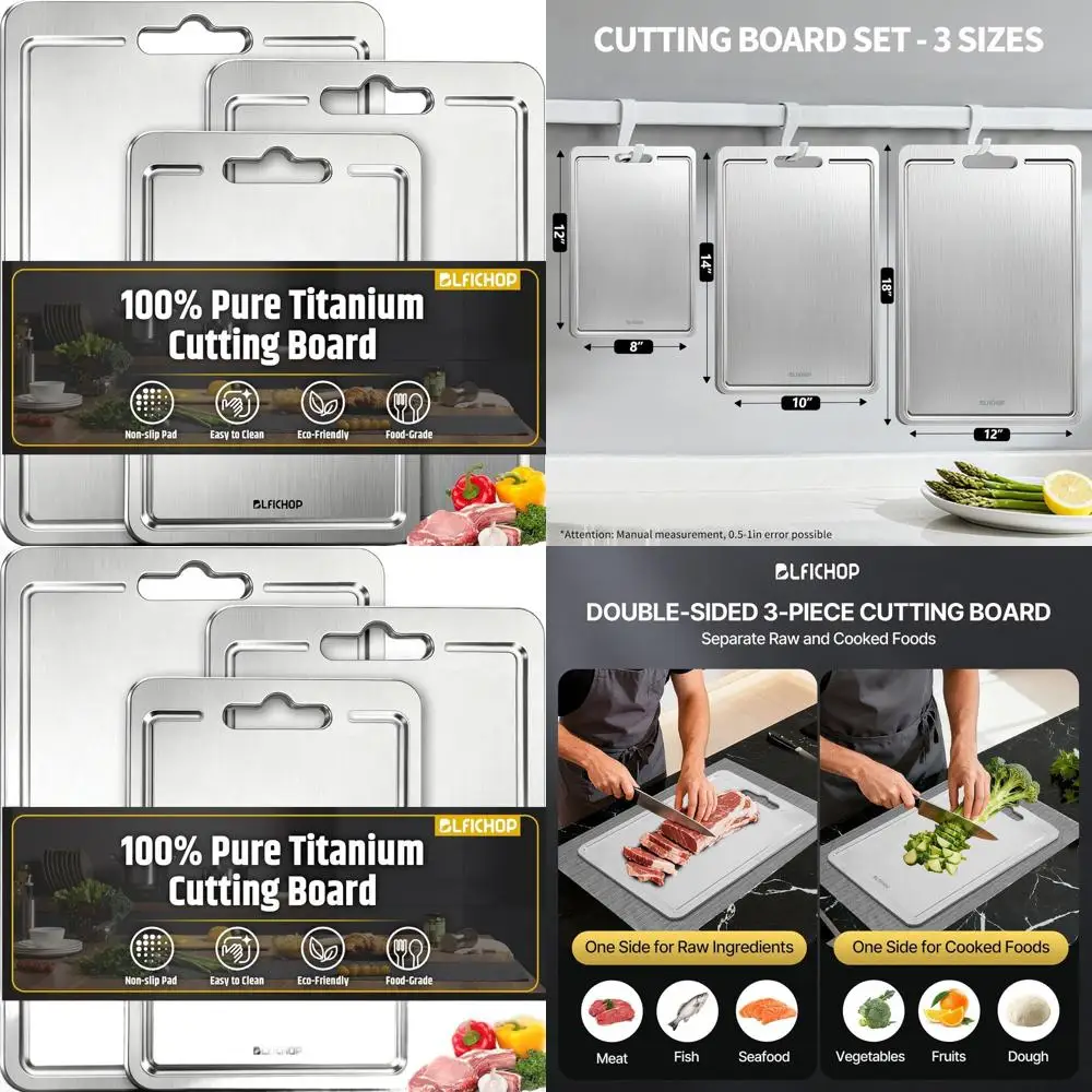 

Triple Set of Pure Titanium Chopping Boards with Juice Groove, Safe for Dishwasher, Ideal for Kitchen Use with Meat, Veg, and Fr