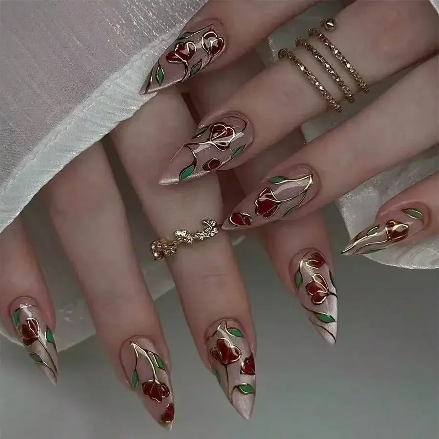 

24Pcs Almond Rose Print Press On Nails, European Style, Jelly Glue & Nail File, Free Shipping