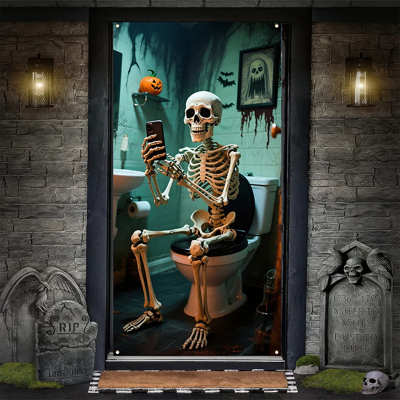 لافتة ثنائية الأبعاد، ديكور باب المرحاض هيكل عظمي للهالوين - مشهد حمام رعب مع الخفافيش والقرع وشبكات العنكبوت - بوليستر #6