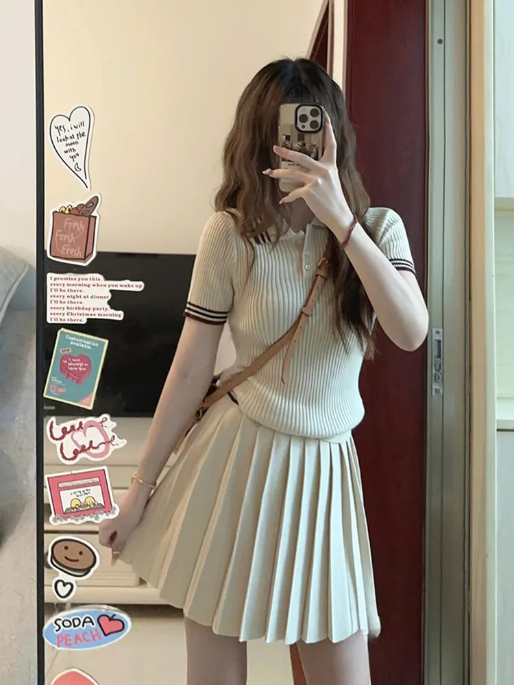 Summer 2024 Outfits 2 Piece Skirts Set Beige Polo-Neck High Quality Slim Top + Women New Design Pleated Skirt Sweet Sexy Trend