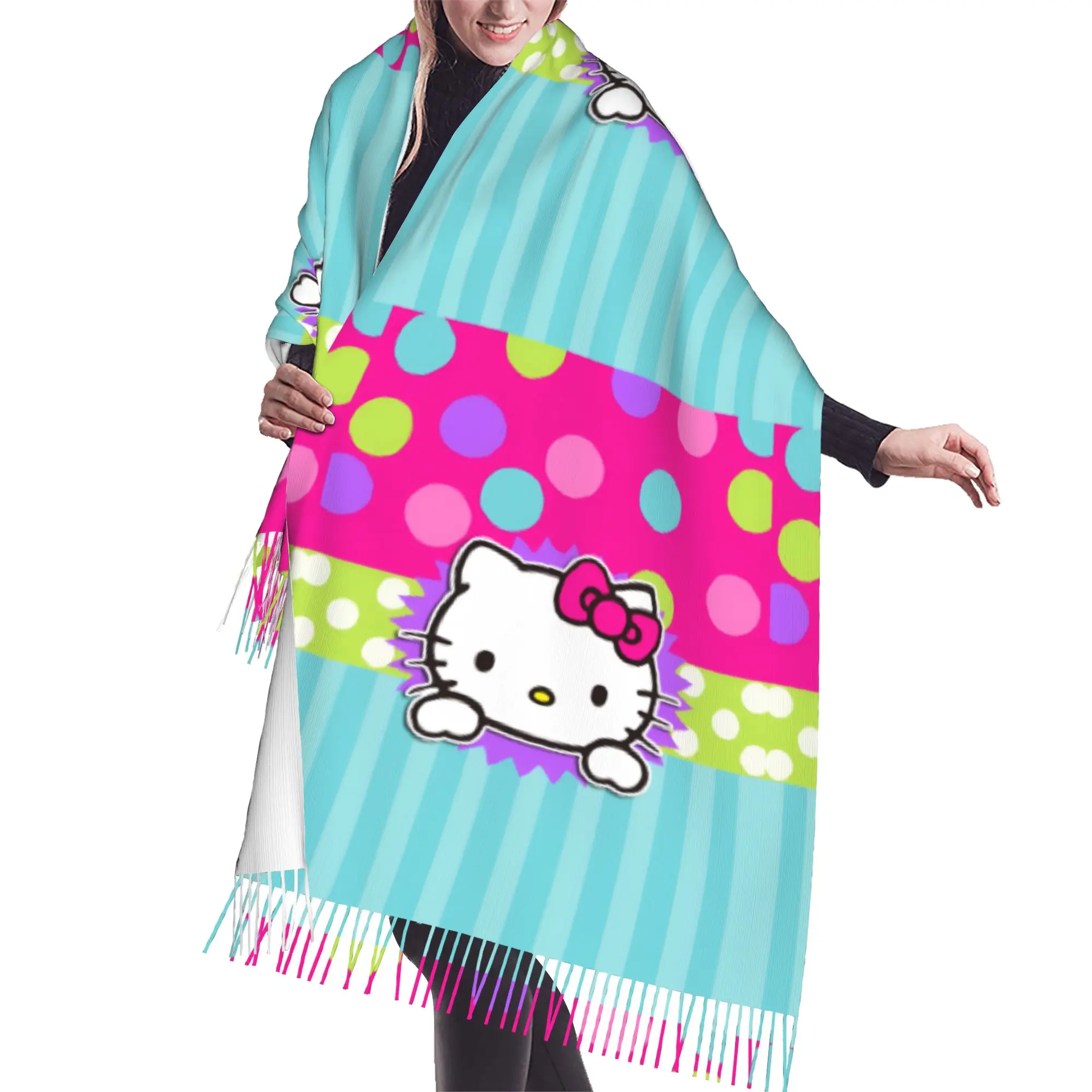 Custom Kitten Cat Cartoon Tassel Scarf Women Soft Anime Shawls Wraps Lady Winter Scarves