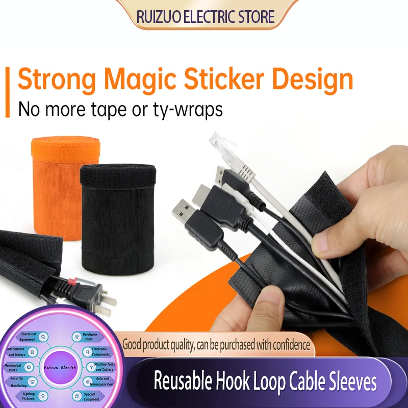 16‑100mm PET PVC Waterproof Hook‑Loop Cable Sleeve Reusable Wire Harness Wrap Cord Organizer Protector