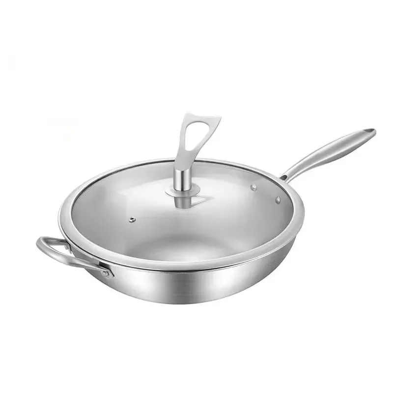 Food Grade 304 Stainless Steel Frying Pan Household Cooking Wok with Glass Lid Uncoated Kitchen Cookware for Healthy Cooking