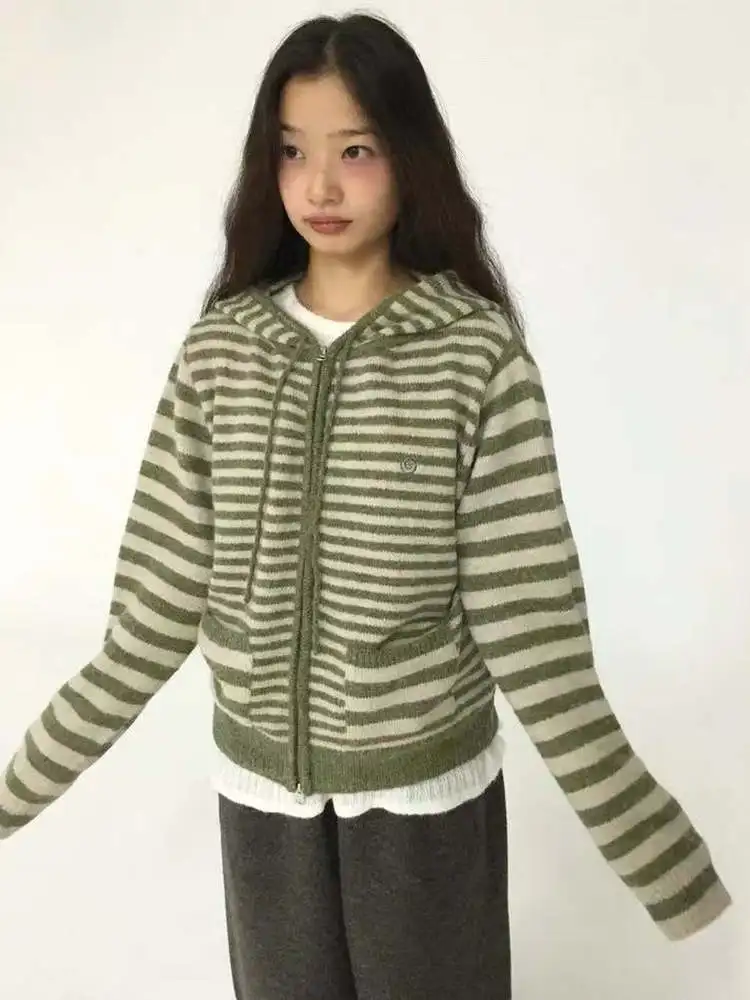 

Вязаный свитер с капюшоном Sle ort, женский повседневный полосатый цветной блузка, осенне-зимняя модная верхняя одежда