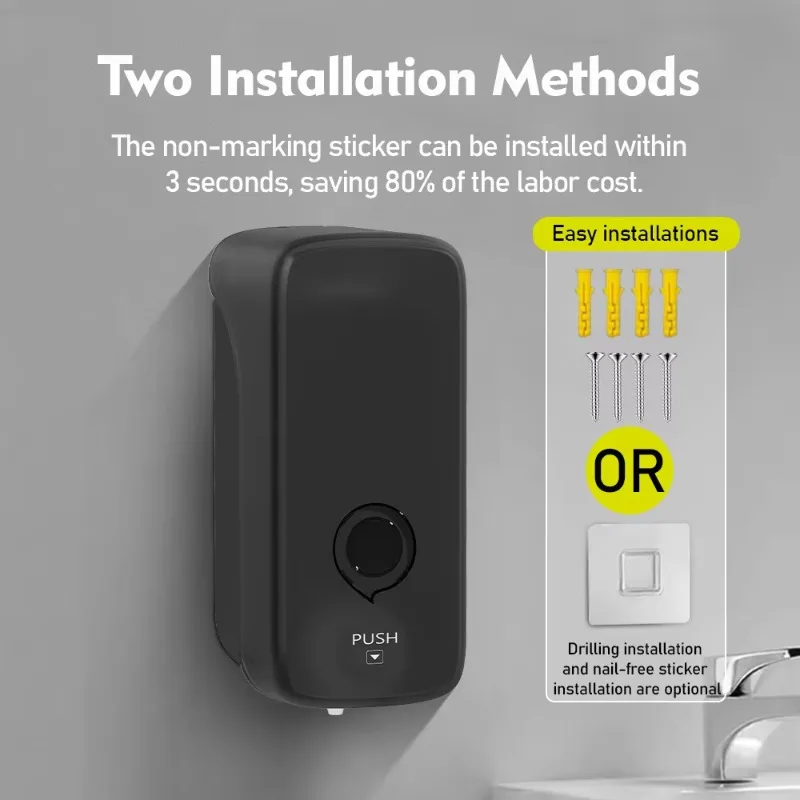 Dispenser Sabun Cair Manual Hotel 1000ML Matt Black, Dispenser Sabun Isi Ulang yang Dipasang di Dinding untuk Penggunaan di Kamar Mandi