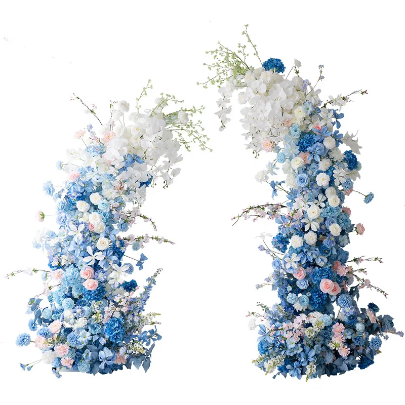 Wedding decoration blue and pink horn arch floral arrangement, outdoor event ceremony marriage proposal birthday