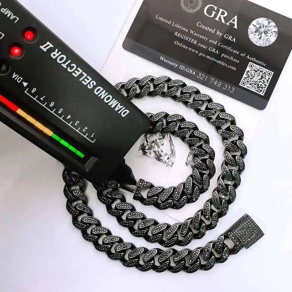 12mm Hiphop Black Moissanite Cuban Chain 925 Sterling Silver Iced Out Pass Diamond Tester Jewelry