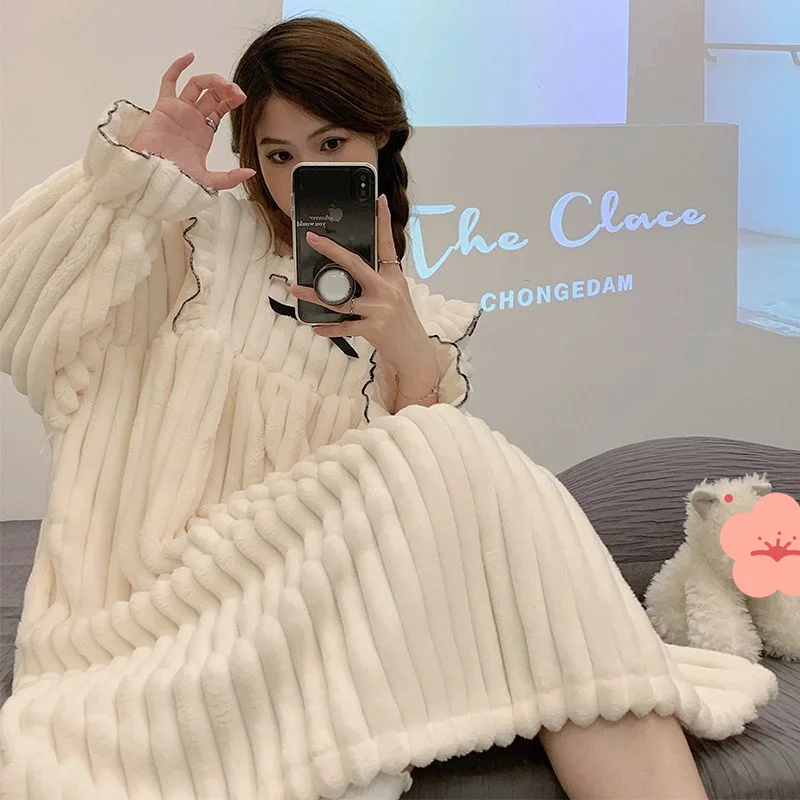 بيجامة نسائية من الصوف المرجاني موديل جديد للخريف والشتاء فستان نوم من الفلانيل بدلة نوم مبطنة بالصوف بيجامة لطيفة وسميكة ملابس منزلية