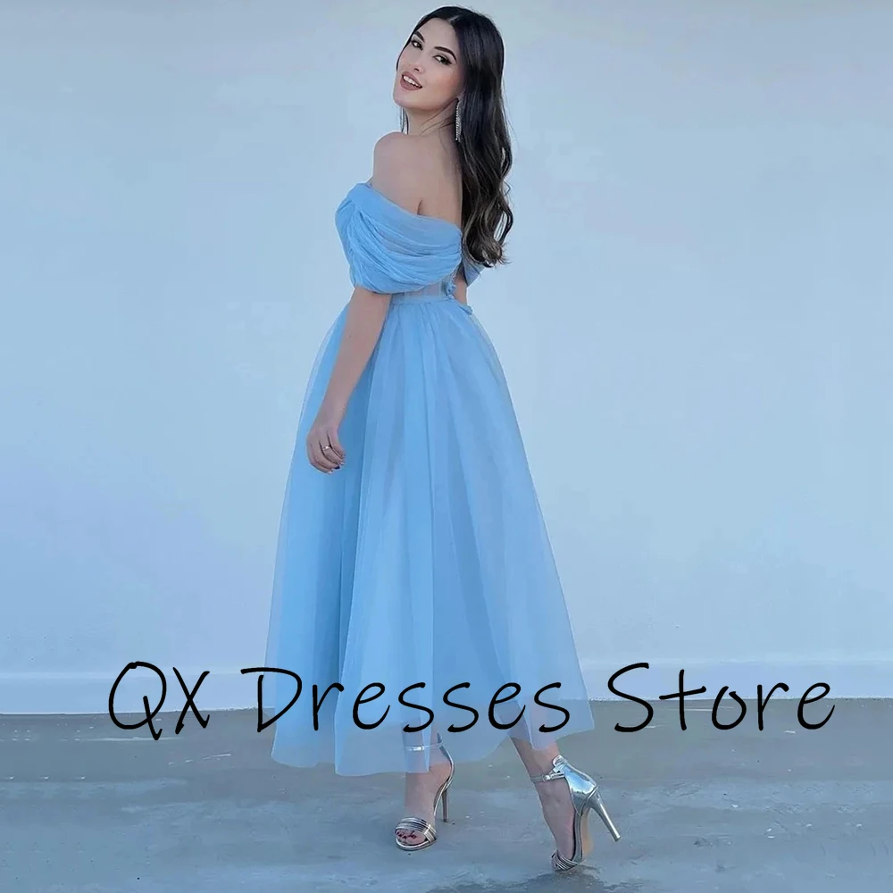 Customized 2024 High Quality Simple A-Line Tulle Evening Gowns Sweetheart Off The Shouder Formal Long Blue Prom Celebrity Dresse