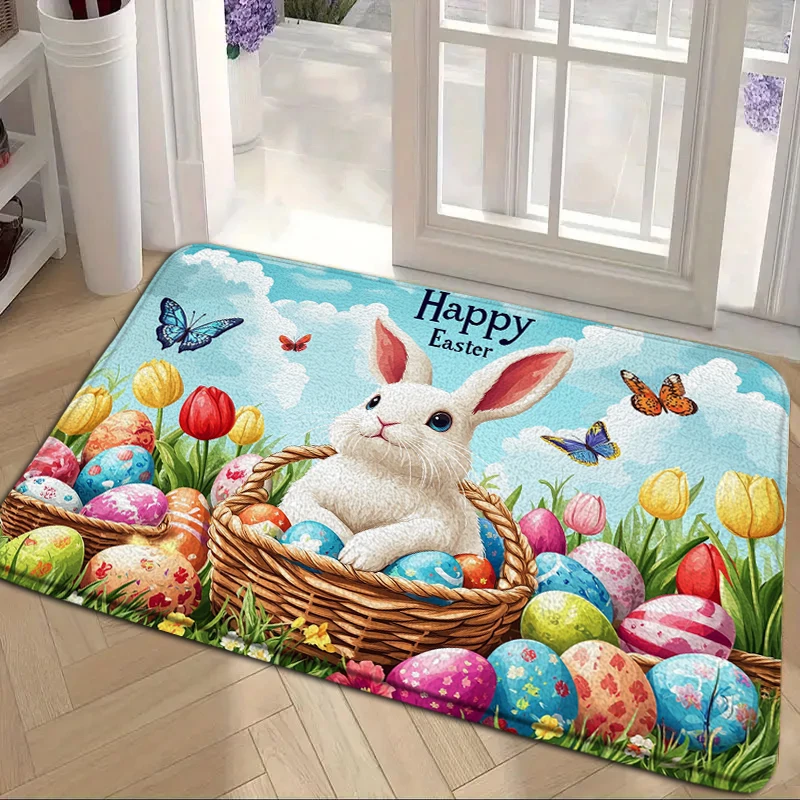 

Easter Happy Welcome Mat with Cute Rabbit and Colorful Egg Anti Slip Farmhouse Floor Mat Suitable for Use Entrance Decoration
