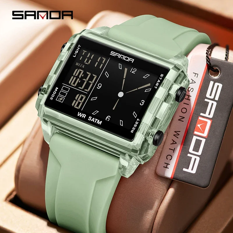 ساعة SANDA Fashion Electron Analog للرجال والنساء بمينا مربع ومؤقت العد التنازلي ومقاومة للماء وساعة LED رقمية مضيئة للرجال