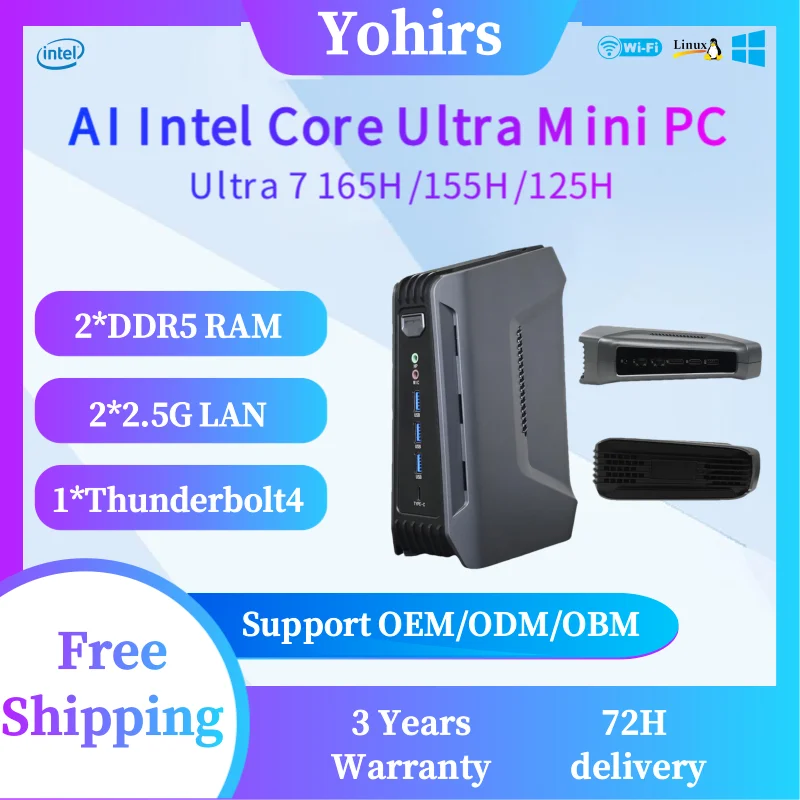 Gaming Mini PC AI Intel Ultra 7 155H 165H 16Cores Thunderbolt 4 2xDDR5 2xNVME 2x2.5G LAN Windows11 HD DP WiFi6 NPU Arc Graphics
