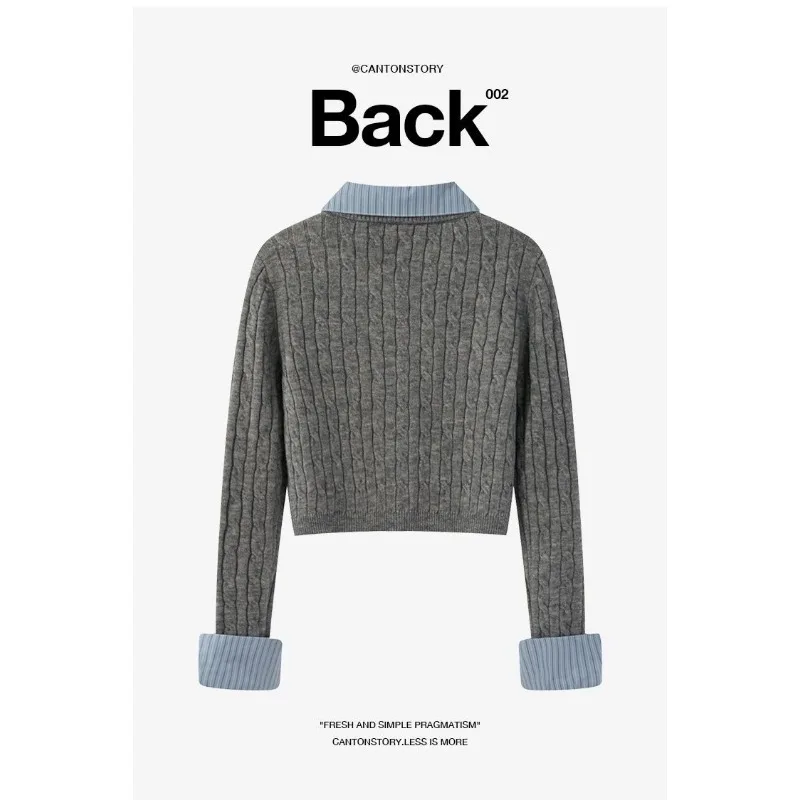 Поддельный двухсекционный свитер с длинными рукавами и воротником-поло для женщин, осенне-зимний простой короткий универсальный топ в студенческом стиле