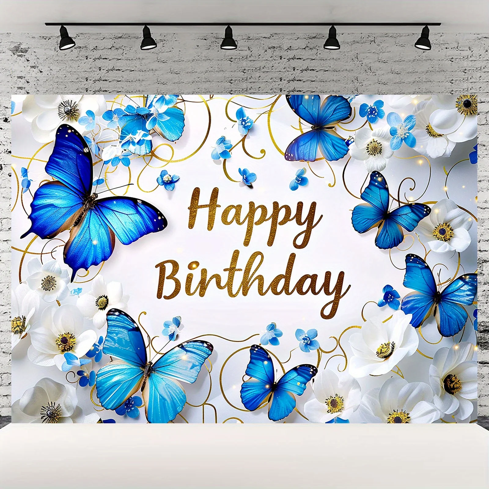 1 blauer Schmetterlingshintergrund, Happy Birthday, Blumendekoration, Sternschnuppe, Schmetterlingssegen, Dekoration für Themenpartys – Detail 1