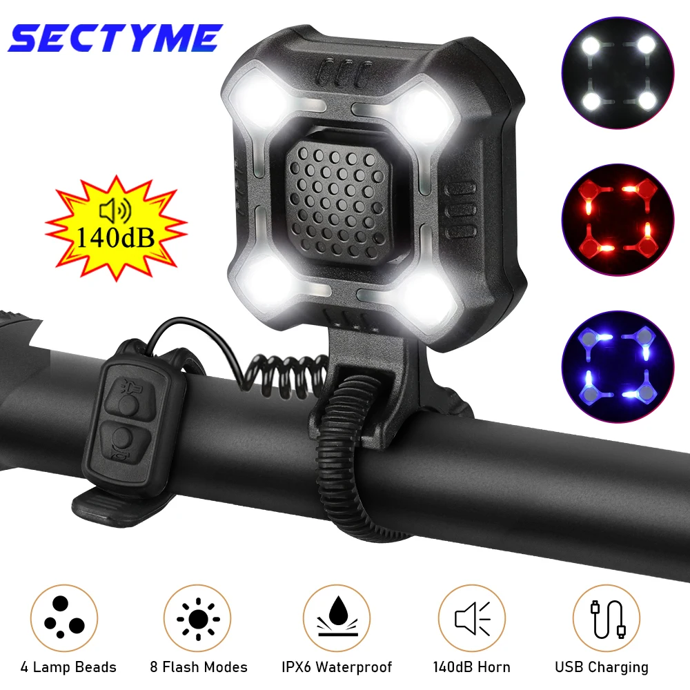 Sectyme Bicycle Light Horn Waterproof IPX6 Waterproof USB Charging Bike Headlight Flashlight 140dB 8 Adjustable Lighting Modes