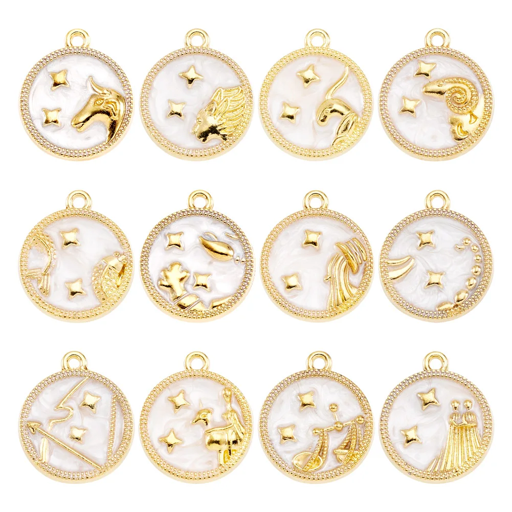 24Pcs Flat Round Alloy Enamel Pendants Twelve Constellations Charm DIY Bracelet Necklace Astrology Jewelry Making Accessorie