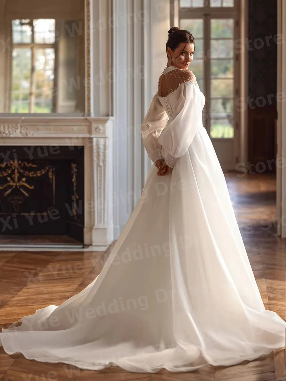Fascinant une ligne femmes col haut à manches longues robes De mariée Vestido De Novia robes De mariée perles Robe De Mariée personnalisée